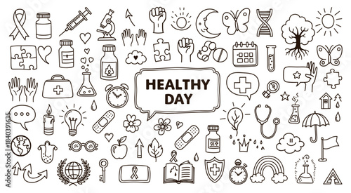 A comprehensive collection of hand-drawn health and wellness doodle icons illustrating various aspects of medical care, daily well-being, and a healthy lifestyle perfect for graphic design projects