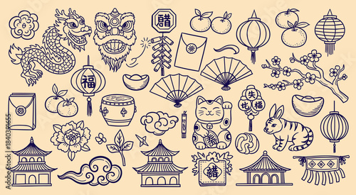 Outline collection of traditional Asian cultural symbols and festive elements for Lunar New Year celebrations, including dragons, lanterns, lucky cats, pagodas, and auspicious items representing