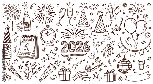 Celebrate the upcoming year 2026 with a delightful hand drawn doodle collection encompassing festive elements like fireworks, champagne, party hats, and a countdown clock for cheerful holiday