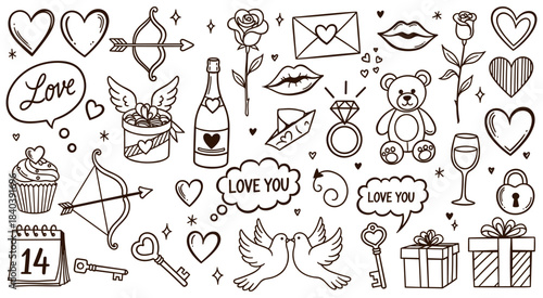 Hand drawn doodle collection for Valentine's Day featuring various romantic symbols love elements and festive objects perfect for card designs social media posts and holiday promotions