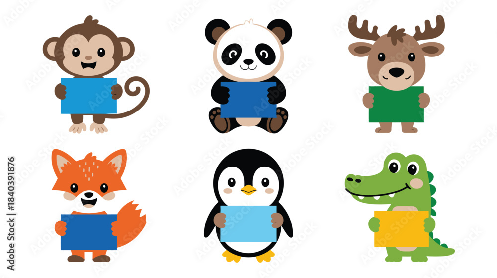 Obraz premium Cartoon Animals Holding Colorful Rectangles Monkey, Panda, Moose, Fox, Penguin and Alligator Illustration