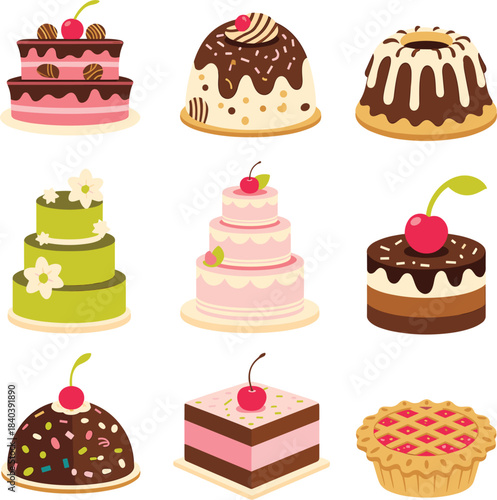 Assortment of nine decorative cakes and a pie in various styles and flavors dessert sweet