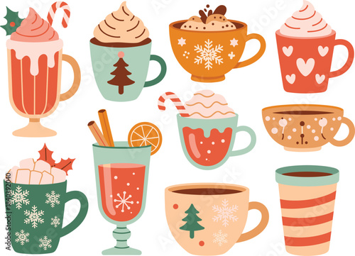 Assortment of ten festive hot drinks in mugs and glasses for winter holidays beverage