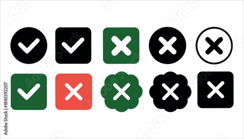 Collection of checkmark and cross icons in various shapes and colors on white background check mark x mark
