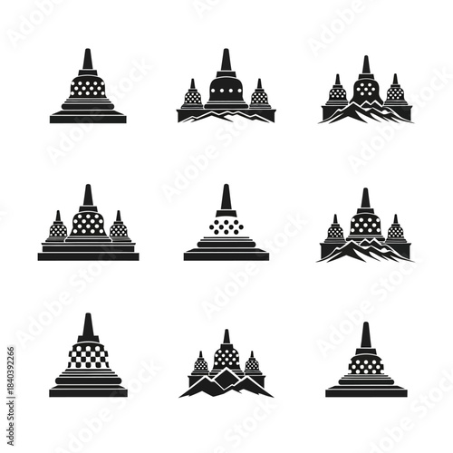 Collection of Stupa Icons in Various Designs and Patterns.