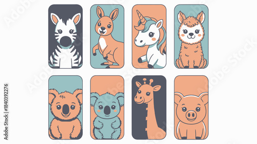 Cartoon Animals Zebra, Kangaroo, Unicorn, Llama, Koala, Giraffe, and Pig Illustrations, Pastel Tones