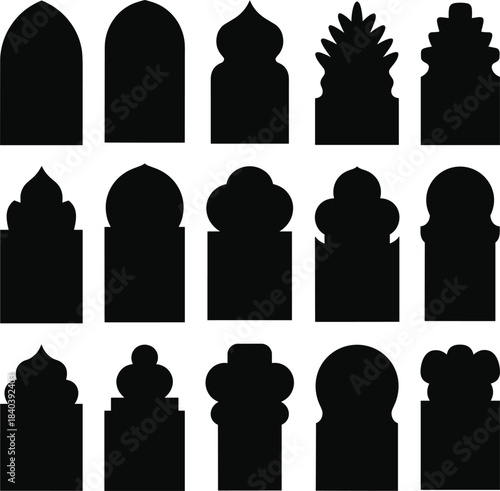 Black Silhouettes of Various Islamic Arch and Window Shapes vector illustration