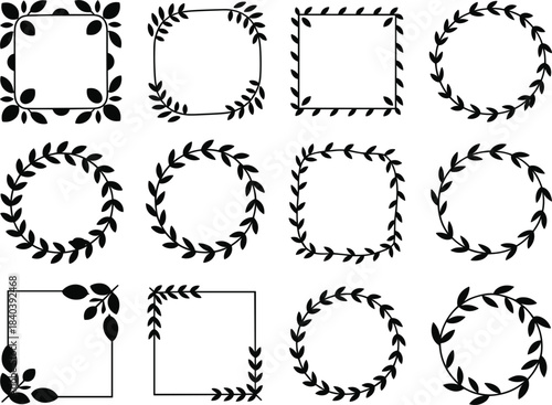 Black silhouette floral and leaf borders and frames in square and circular shapes decorative