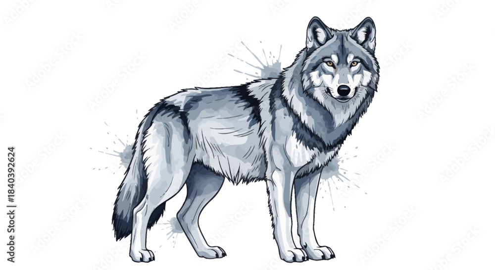 Fototapeta premium Majestic Gray Wolf Illustration with Watercolor Splashes