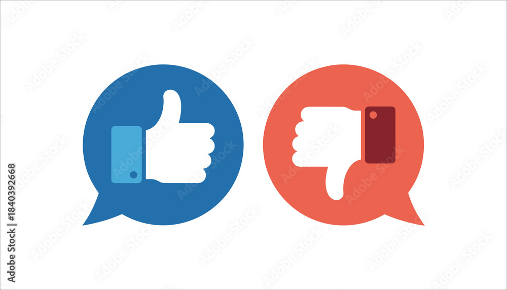 Fototapeta premium Blue speech bubble with white thumbs up icon and red speech bubble with white thumbs down icon on white background