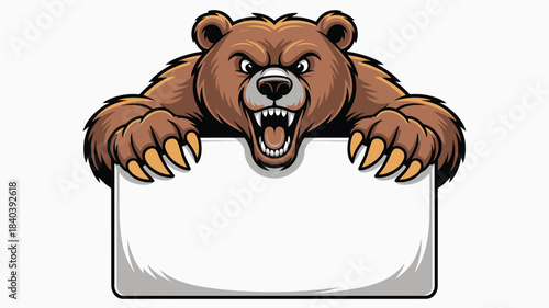 Cartoon Brown Bear Mascot Growling with Claws Gripping Blank Sign Template