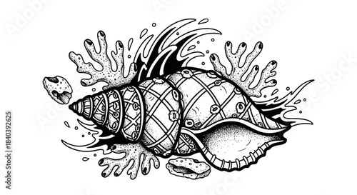 Stylized seashell with coral and water splashes in black and white illustration.