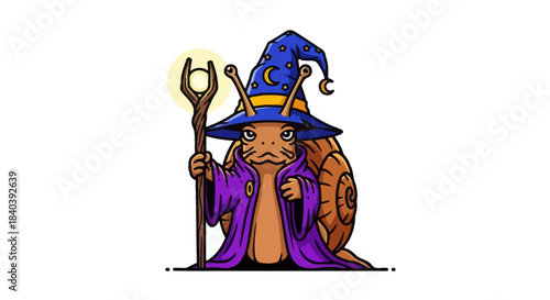 A whimsical snail wizard holds a glowing magic staff.
