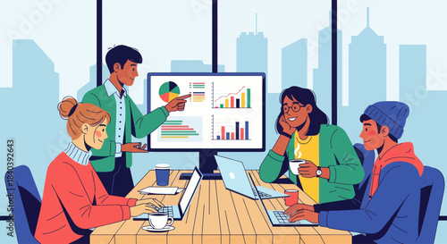 Diverse team collaborating on data analysis during a business meeting.