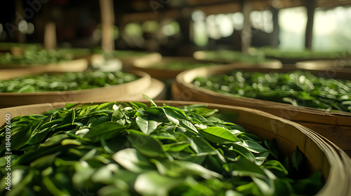 Fresh green leaves, carefully collected and arranged, fill round woven baskets in a verdant harvest. A rural scene of natural abundance, highlighting the beauty of simplicity.