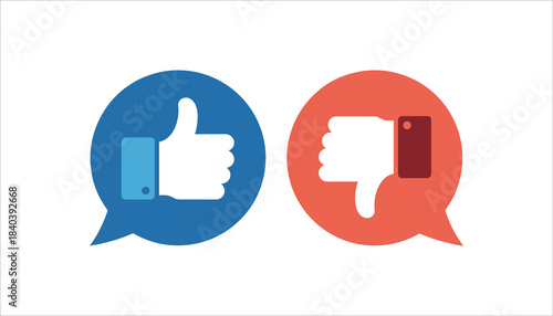 Blue speech bubble with white thumbs up icon and red speech bubble with white thumbs down icon on white background