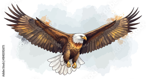 Majestic bald eagle soaring with wings spread in a watercolor style illustration.