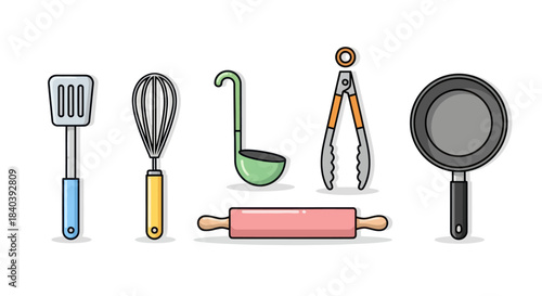A vibrant collection of kitchen utensils and cooking tools in flat design style.