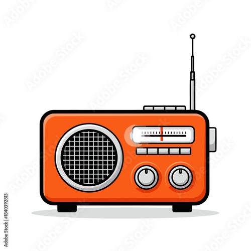 Retro Orange Radio Cartoon Vector Illustration on White.