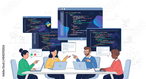 Diverse team of software developers collaborating on coding projects in a modern office.