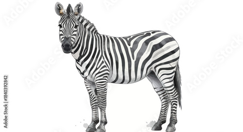A stunning illustration of a zebra standing calmly on a white background.