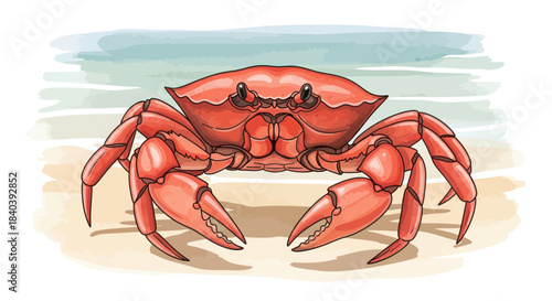 Vibrant red crab illustration on a sandy beach background.