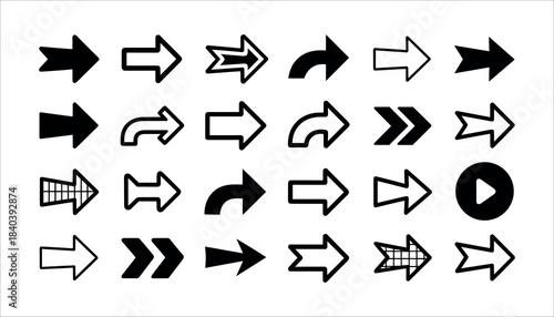 Collection of black and white arrow icons and symbols on a white background direction right