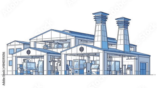 Detailed illustration of an industrial factory building with multiple sections and tall smokestacks, showcasing its structure.