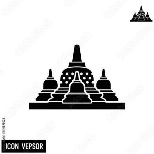 Black silhouette icon of Borobudur temple, a famous Buddhist stupa complex in Indonesia, on a white background.