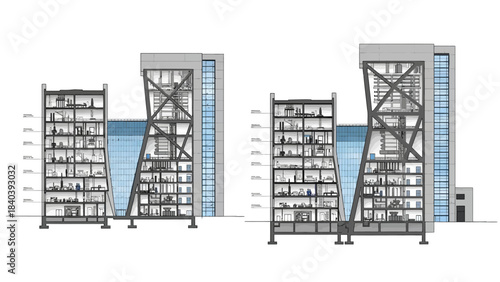 Architectural cross-sections illustrating the internal structure and design of a modern building complex with multiple floors and a central atrium.