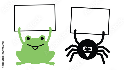 Cartoon Frog and Spider Holding Blank Signs Ready for Your Message on White Background