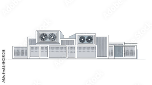 Stylized illustration of rooftop HVAC units and industrial air conditioning systems.