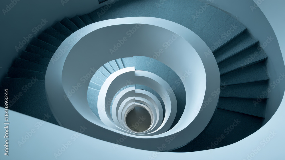 Obraz premium “A modern spiral staircase captured as an abstract architectural detail, highlighting its sleek curves and contemporary design against a minimalist background.”