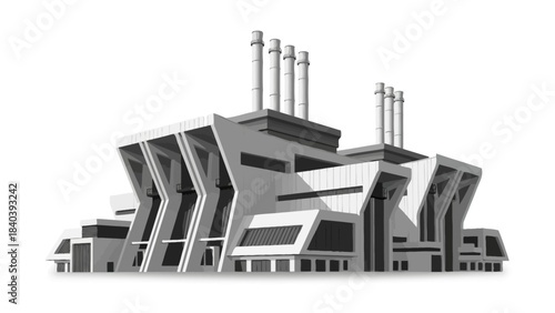 Modern industrial power plant building with multiple chimneys, featuring a futuristic architectural design in monochrome.