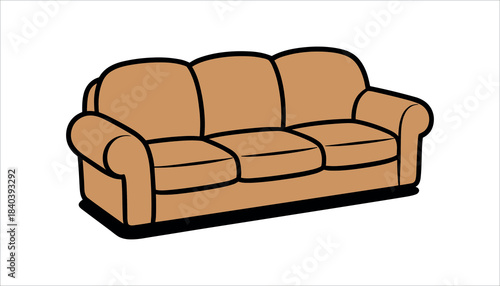 Cartoon brown three seater sofa with black outline on white background couch furniture