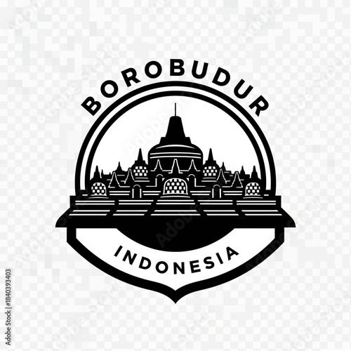 Black and white emblem featuring the iconic Borobudur temple in Indonesia, a famous Buddhist monument and world heritage site.