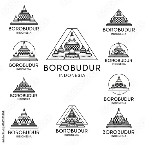 Collection of minimalist line art logos depicting Borobudur temple in Indonesia, showcasing various stylized designs for travel and cultural branding.