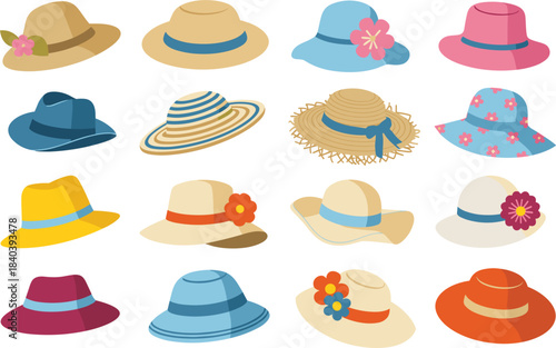 Collection of Diverse Styles and Colors of Summer Hats straw hat sun hat