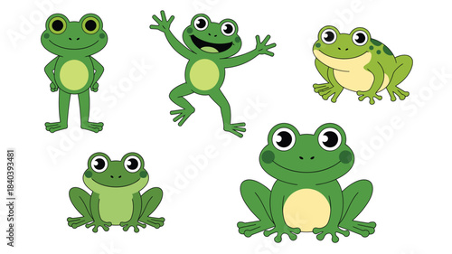 Cartoon Illustration of Five Smiling Green Frogs in Various Poses on White Background