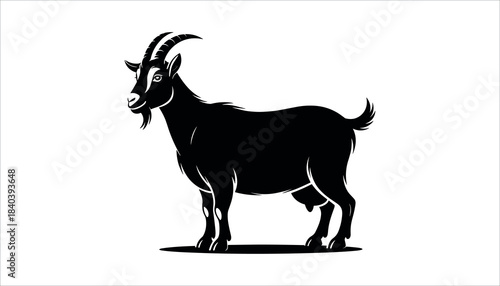 Black silhouette of a goat with curved horns and a beard standing on a white background animal