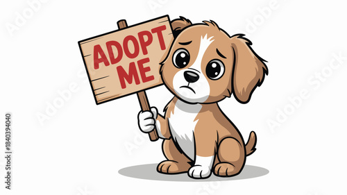 Cartoon Puppy Holding Adopt Me Sign with Sad Eyes, Urging Animal Adoption Message