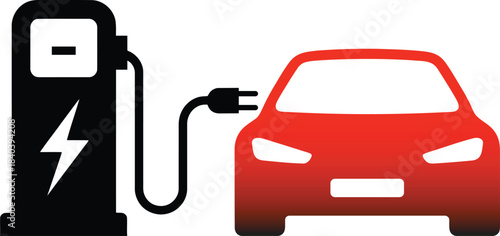 Electric Car Charging Station Vector Illustration. EV Charging Icon with Plug and Vehicle Silhouette.