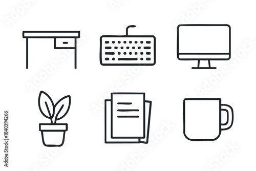 Home office workspace setup with desk, computer, and plants