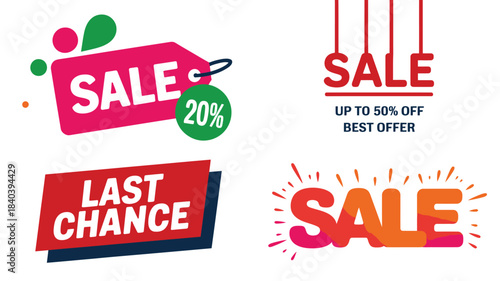 Colorful Sale Graphics Price Tag, Last Chance, and Up To 50% Off Designs