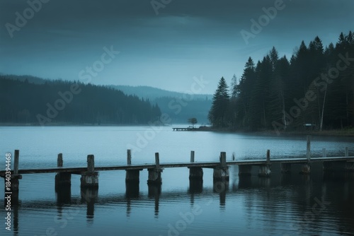 A serene lake at dusk with a wooden dock extending into calm waters, surrounded by forested hills under a dark sky.