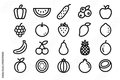 Large collection of minimalist black line icons featuring fresh organic fruits and vegetables