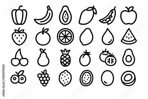 Simple black outline icons set of assorted tropical and common healthy produce