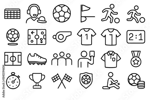 Minimalist black outline set of football game elements including players, referee, equipment, and trophies