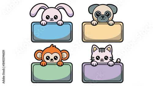 Cute Cartoon Animals (Rabbit, Pug, Monkey, Cat) Holding Blank Colorful Message Boards for Text