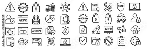 Outline icons set for digital data protection, privacy, security, and regulatory compliance